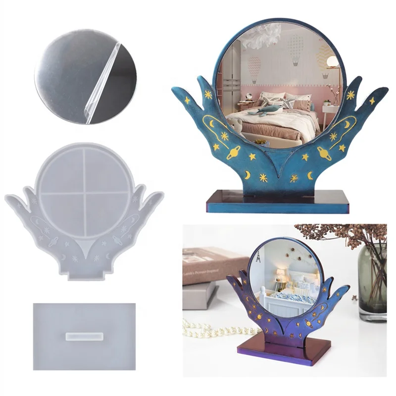 

DIY Silicone Desktop Makeup Mirror Photo Frame Mold Crystal Epoxy Resin Cosmetic Hand Mirror Casting Kit Mould With Bracket, White