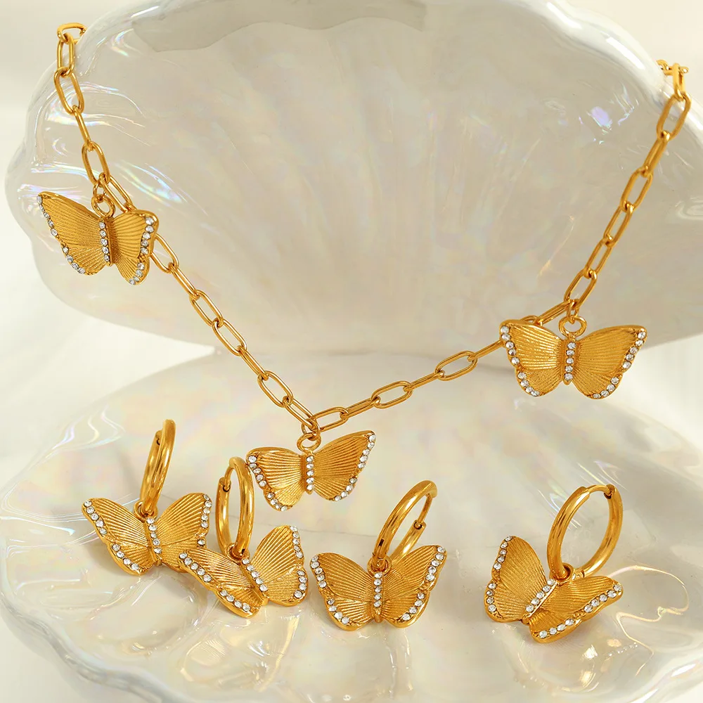 YF3933 Minimalist Stainless Steel Jewelry Set 18k Gold Plated Butterfly Zircon Necklace Women Earrings