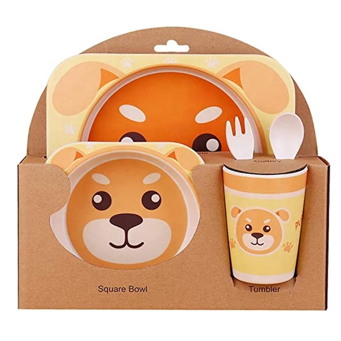 

Biodegradable bamboo fiber tableware baby 5pcs feeding dinner set for kids