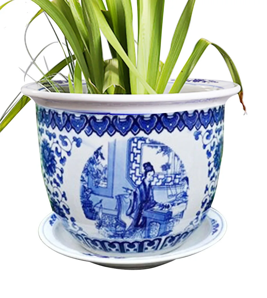 China Cheap Blue And White Porcelain Flower Pot With Tray For Indoor