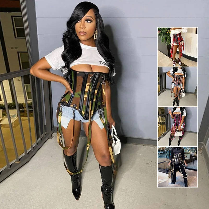 

2022 New Design Fashion Army Print Corsets and Bustiers To Wear Out Camouflage Green Pink Red Custom Corset Top Women Sexy