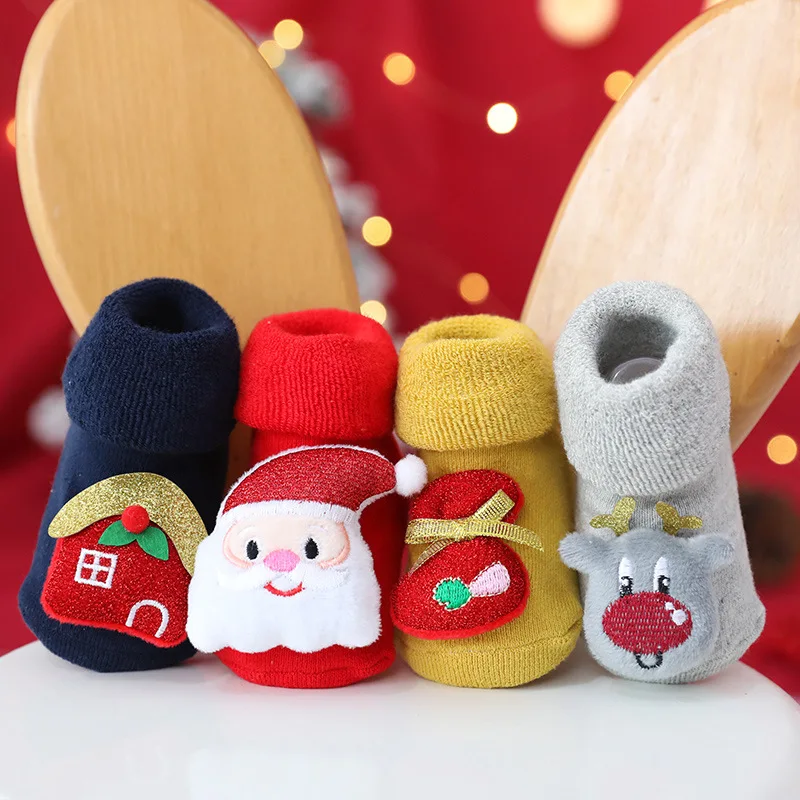 

Jingwen OEM Calcetines Navidenos Cartoon Anti-Slip Holiday Kids Unisex Kids Christmas Socks