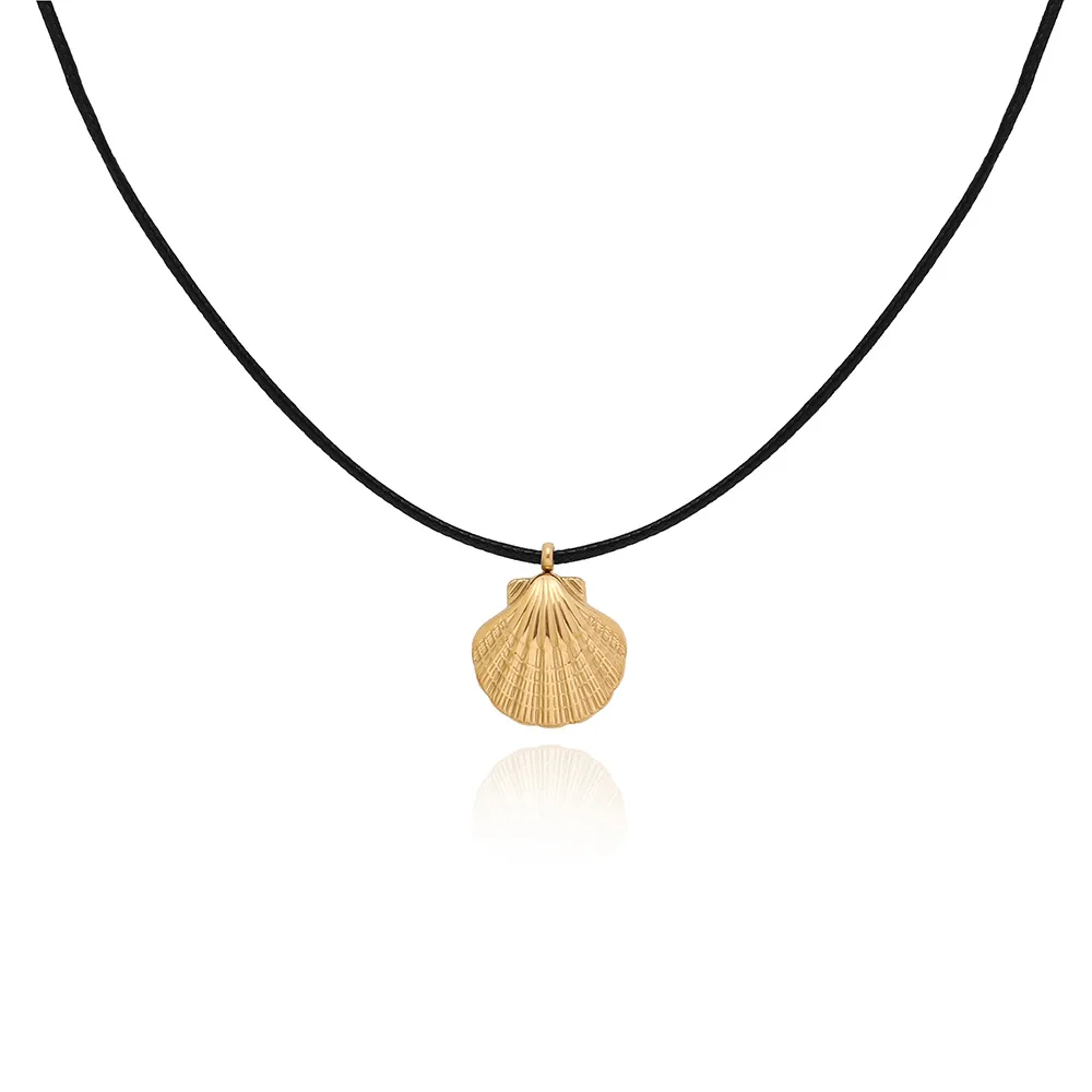 

Joolim Jewelry Gold Plated Scallop Pendant Black Leather String Adjustable Shell Stainless Steel Necklace Jewelry Wholesale