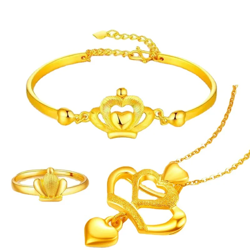 

Gold Jewelry Crown Ring Bracelet Necklace Set Sand Gold Copper Gold Plated Three Piece Set