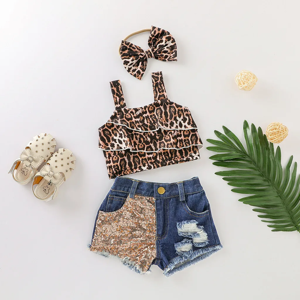 

wholesale Baby Summer Clothing 0-4T kids Girls leopard crop Tops Denim Shorts 2Pcs outfit set, As image shown