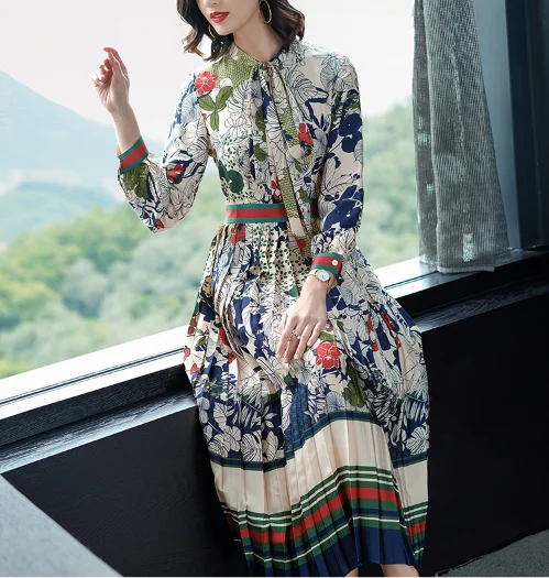 

2021 Hot Sales Women Casual Elegant Spring Dresses Maxi Long Hundred Pleats Dress Floral Print Dress for Women, Flower color