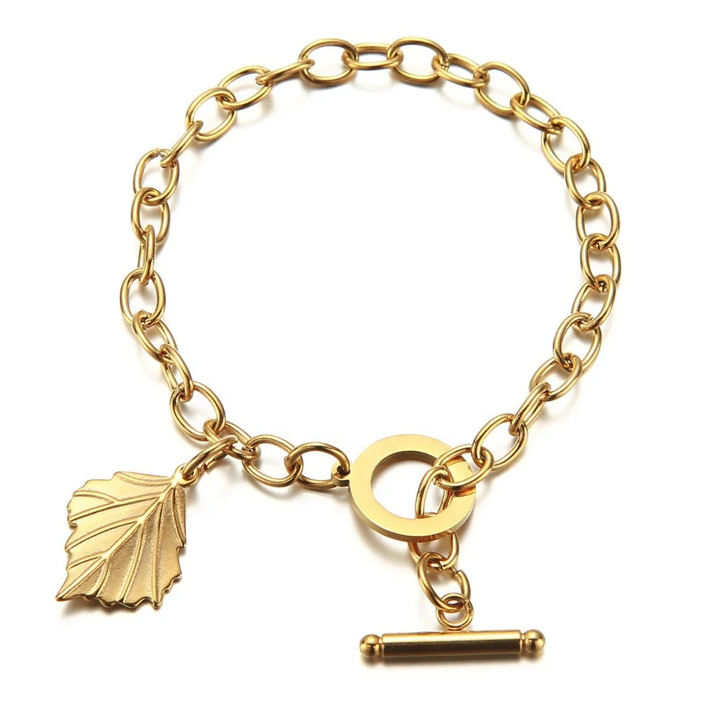 

Wholesale womens punk leaf charm gold plated stainless steel chain IO bracelet jewelry