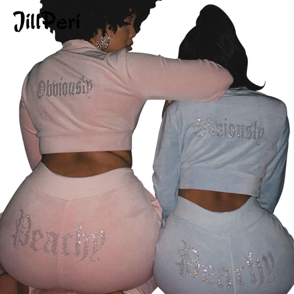 

JillPeri Jacket and Jogger Tracksuit 2 Piece Set Velvet Fall Bling Women Custom Velour Tracksuits, Pink,blue,black,olive,brown,red,hot pink,cream