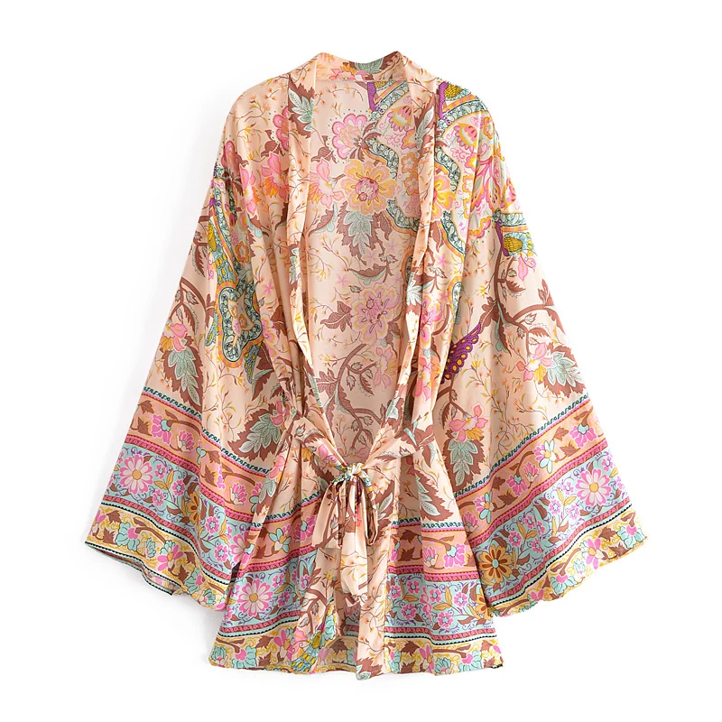 

Boho Rayon Cotton Robes Casual Loose Curve Plus Floral Print Kimono Cover Ups Boho Robes Women