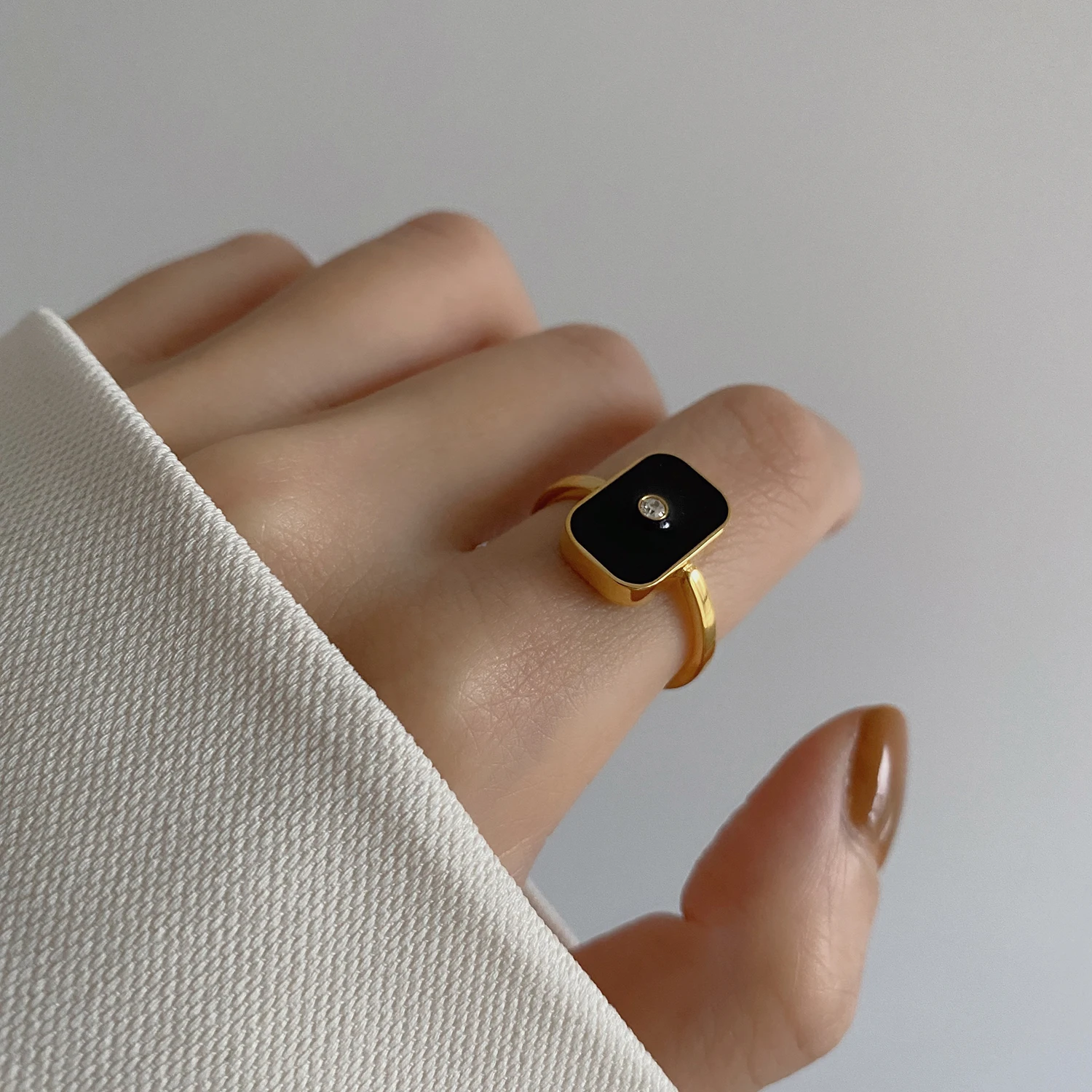 

Black Enamel Square Gold Plated Rings Cubic Zircon Geometric Anillos Plain Minimalist Stainless Steel Jewelry Accessories Women