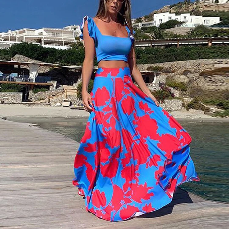 

2022 Summer Fashion Elegant printing Women Long Casual Dresses 2pieces sets Sexy Maxi Vacation Street Wear U-Neck beach Dresses