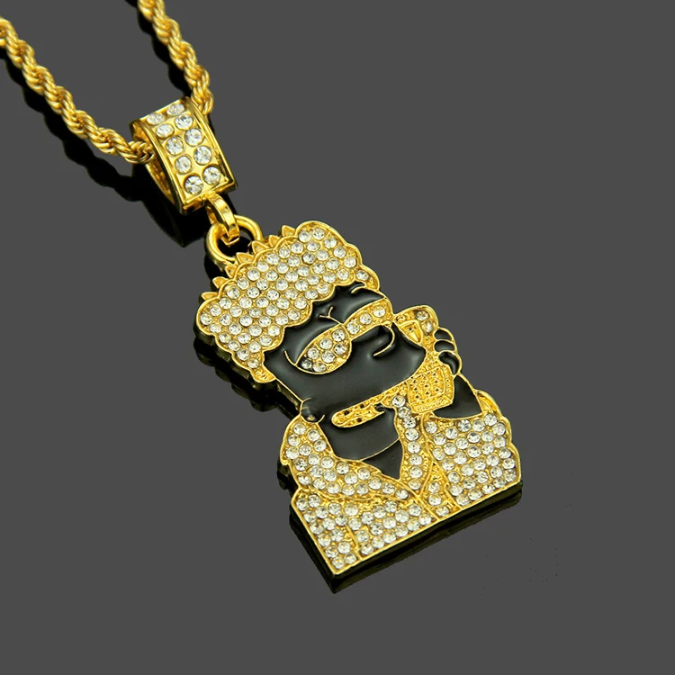 

18K Gold Plated CZ Fully Iced Out Cartoon 316L Stainless Steel Pendant men's necklace, Gold ,silver