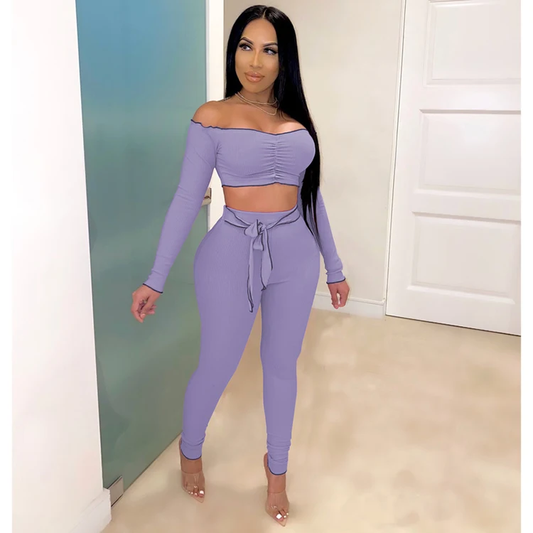 

Solid Color Off Shoulder Tops 2021 Bodycon Set 2020 Fashion Women Outfit, White,yellow,red,purple,gray,black