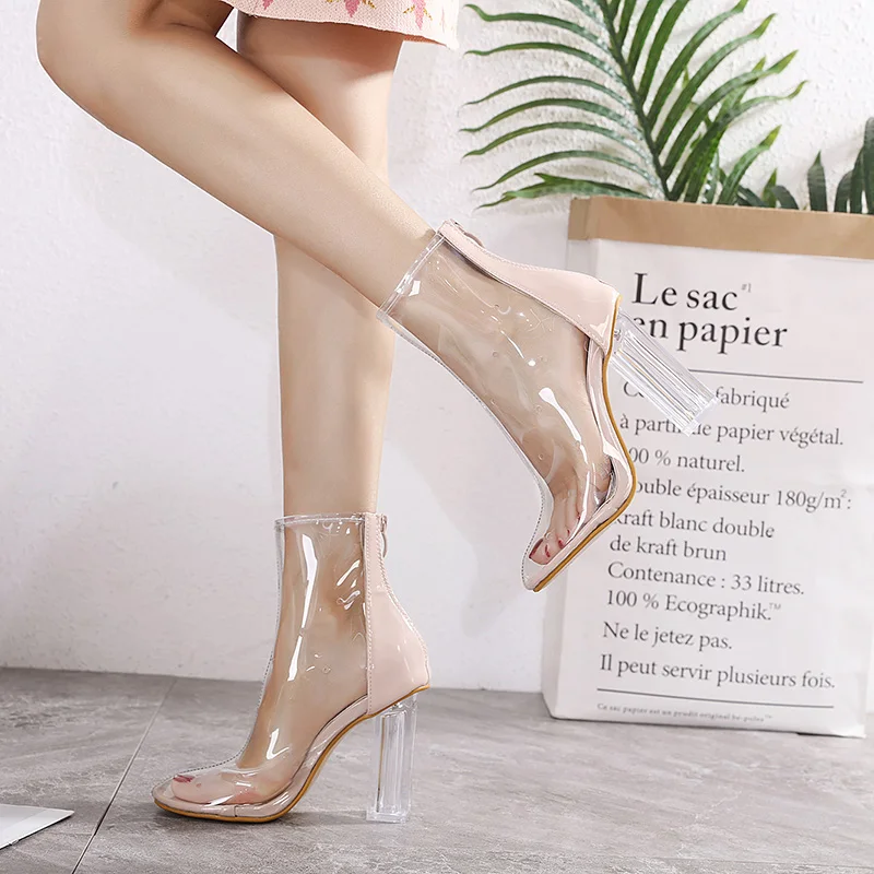 

New fashion clear perspex block heel PVC transparent women pumps patchwork zip up pointy toe breathable lady short boots