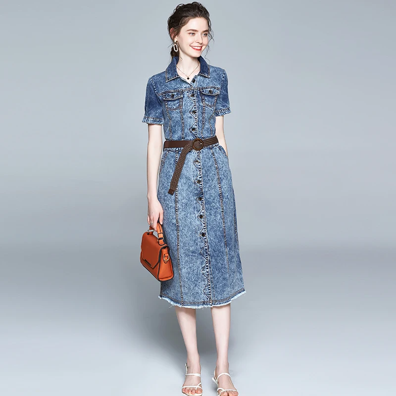 

High-quality women's clothing wholesale classic distressed blue denim dress women's summer dress 2021 fashion clothing