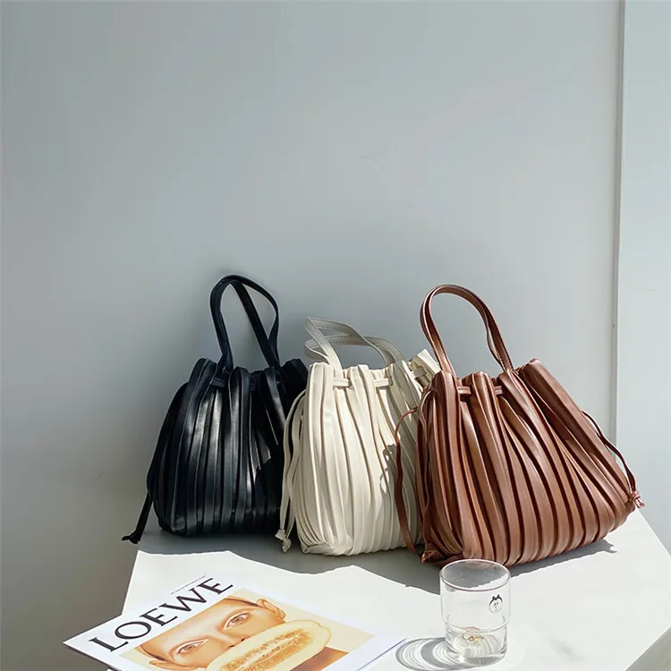 

High Quality Female Shoulder Bags Lady Luxury Drawstring Pleated Bucket Handbags for Women, Brown, black, beige, coffee