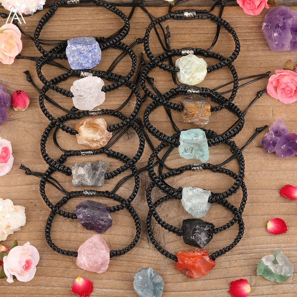 

Natural White Pink Citrines Quartz Stone Irregular Chunky Nugget Beads Knotted Braided Adjustable Bracelet, As picture