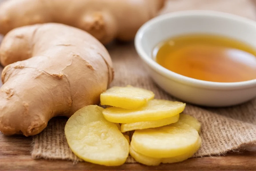 Fresh ginger root sliced open showing fibrous interior, with measuring spoons and tea cup nearby demonstrating ginger for nausea relief