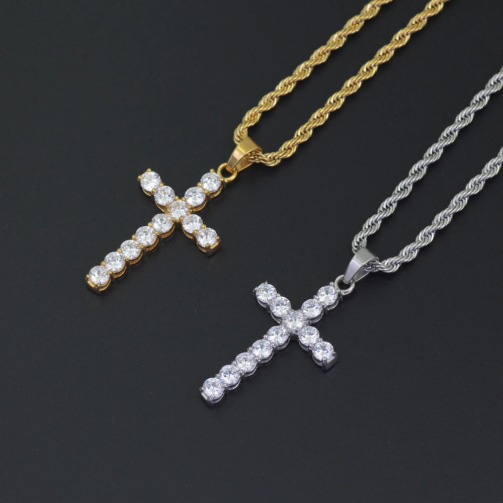 

SN146 Stainless Steel Jewelry CZ stone Cross Pendant Necklace Hip Hop Jewelry 24inch Rope chain