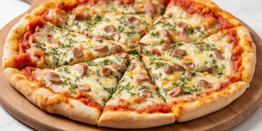 Final shot of a perfectly sliced pizza with visible oregano pieces