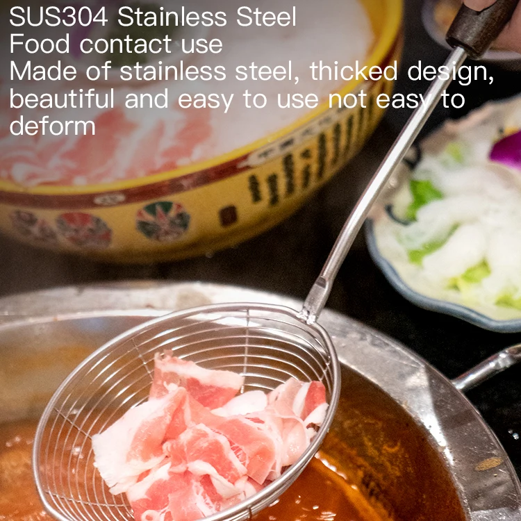 
304 Chinese style hot pot fine mesh strainer colander food strainer stainless steel strainer with wooden handle 