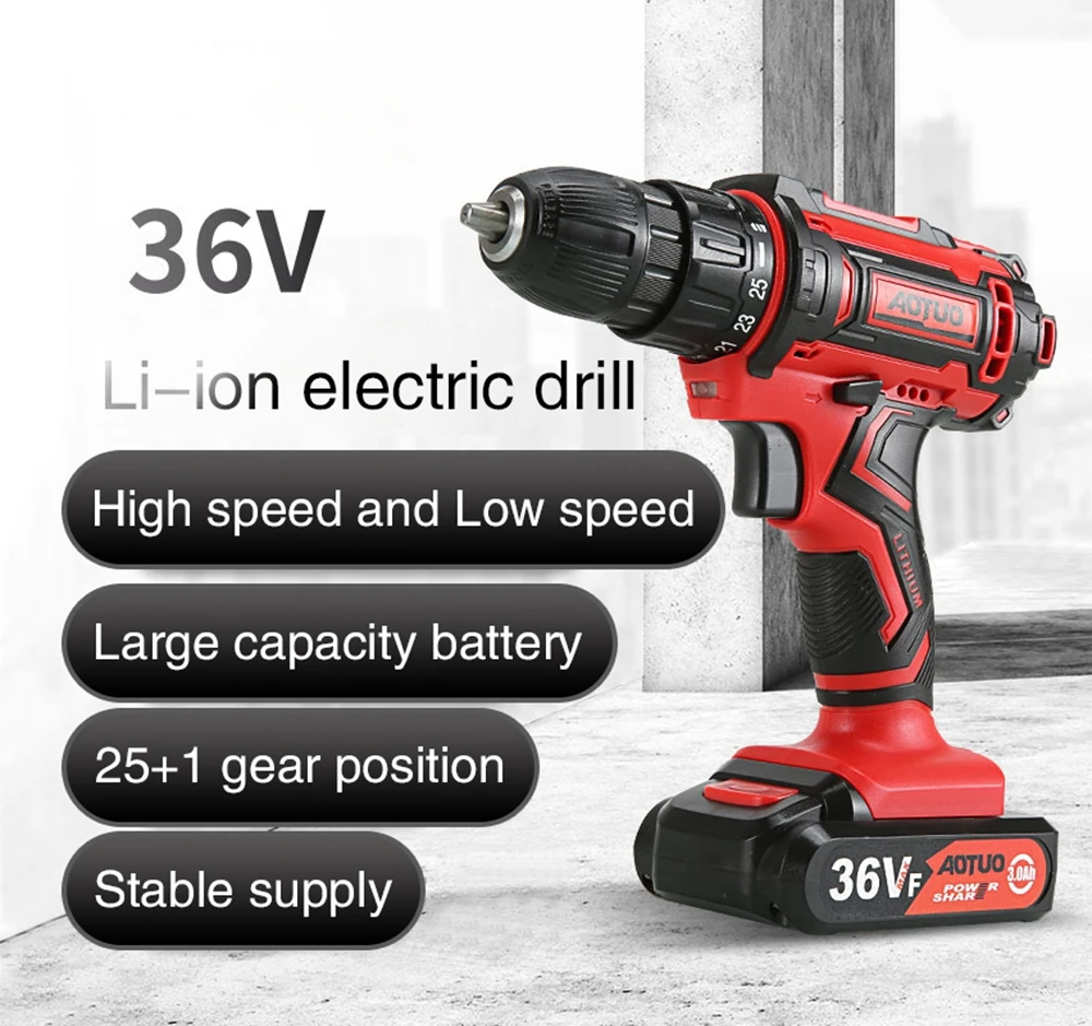 
36V electric screwdriver Lithium-Ion Battery Power Tools 2-Speed Cordless drill Rechargeable Mini Multi-function Drill 