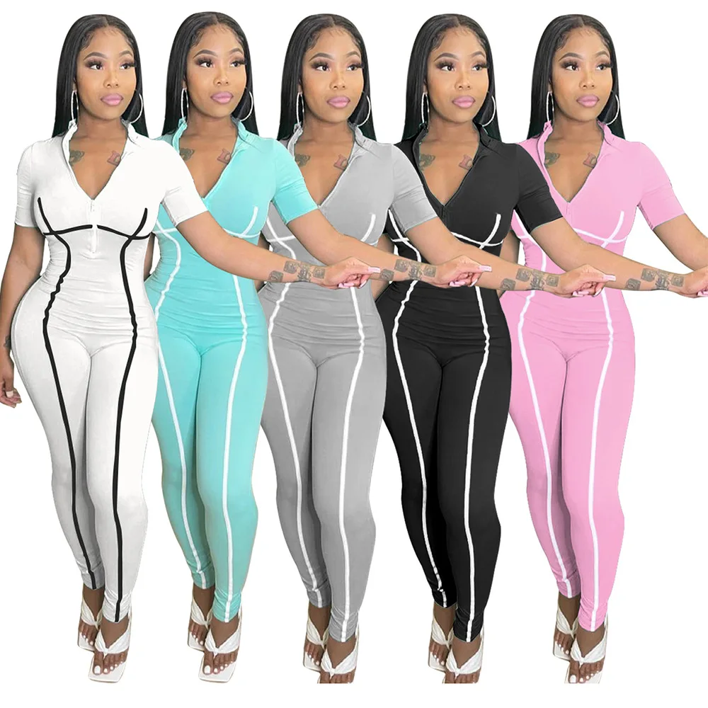 

LX1178 2021 fashion trendy women ribbed yoga Jumpsuit zipper high stretch Short Sleeve yoga set, As picture showed