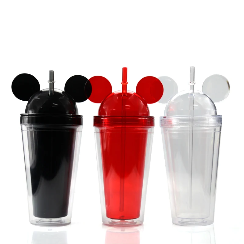 

16 Oz Acrylic Double Wall Mouse Ear Shape Plastic Straw Tumbler Mickey Mouse Ear Dome insulated double wall plastic tumbler, Customized colors acceptable