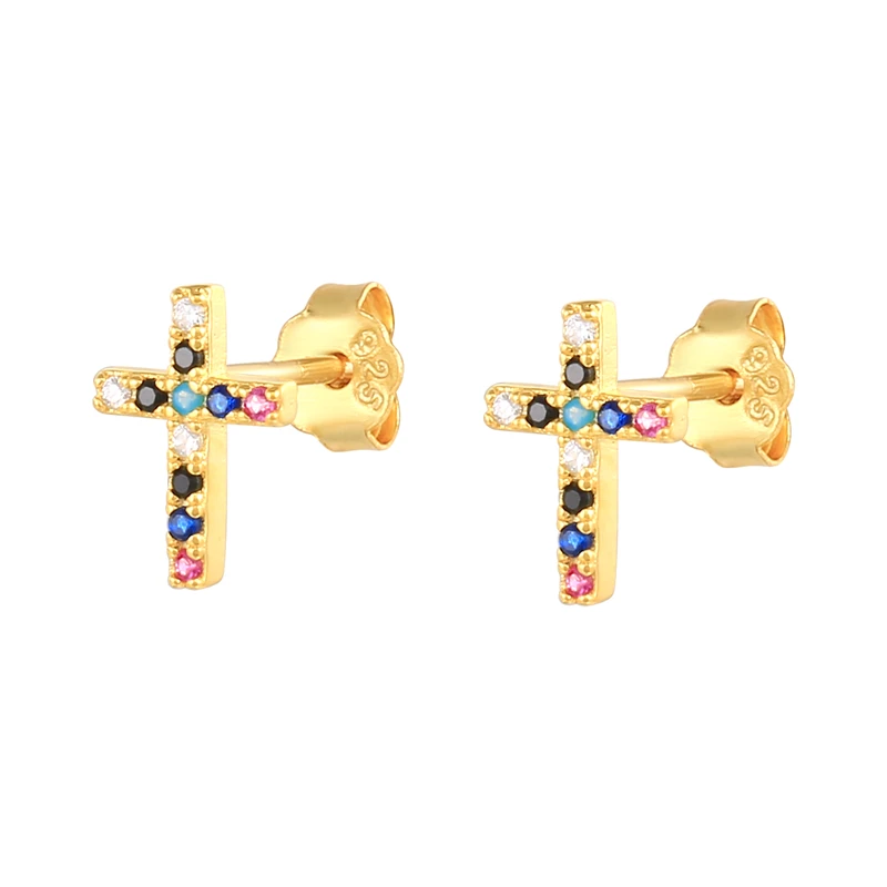 

925 sterling silver INS wind mini colored diamond cross earrings, Gold/white