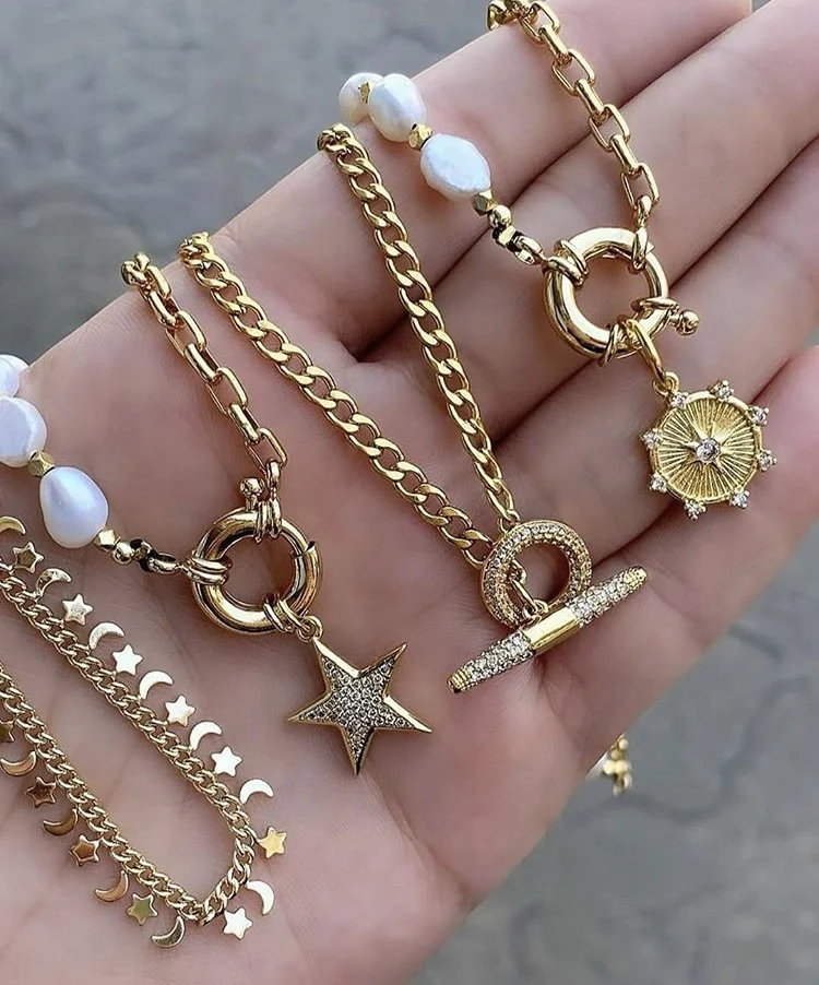 

LS-E1583 Gold jewelry clasp charm paper clip necklace, cuban chain with natual pearl cuban choker star pendant necklace, As is