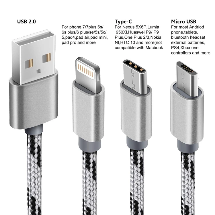 Hot sell color can custom fast charger data usb cable fast charging cable 3 in 1 - ANKUX.COM