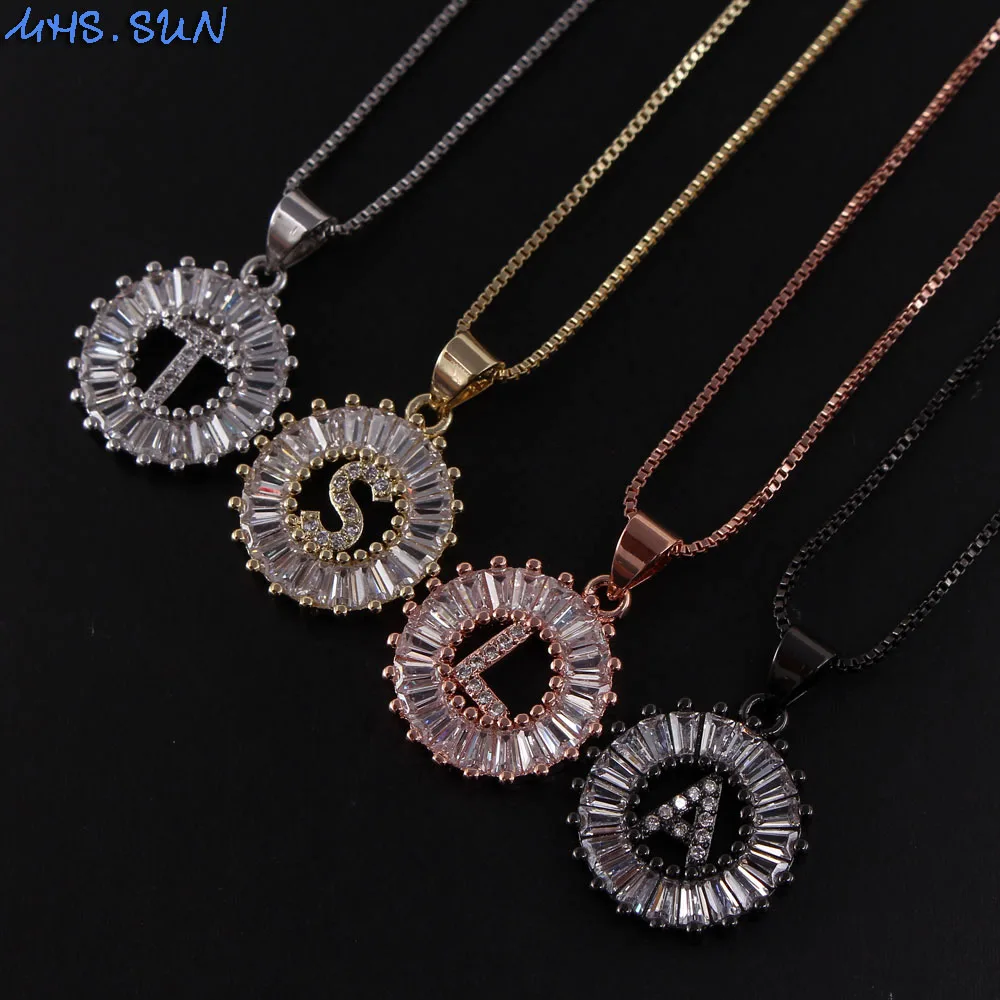 

MHS.SUN 16MM Round Zirconia Necklace With 26 Letter Pendant Women's Fashion Chain Necklace A-Z Alphabet Copper Chokers Jewelry, Gold/silver/rose gold/black