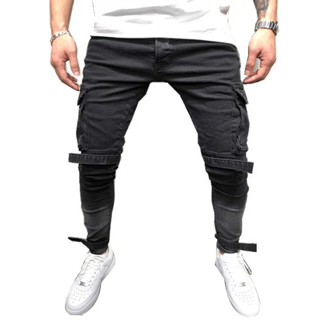 

Men's Cargo Denim Pants Black Jogger Pockets Jeans