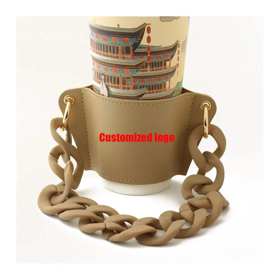 

Custom Reusable PU Leather Coffee Cup Sleeve Holder Solid Color Chain Shape Handle Alloy Acrylic Chain Strap Leather Cup Sleeve, Solid colors