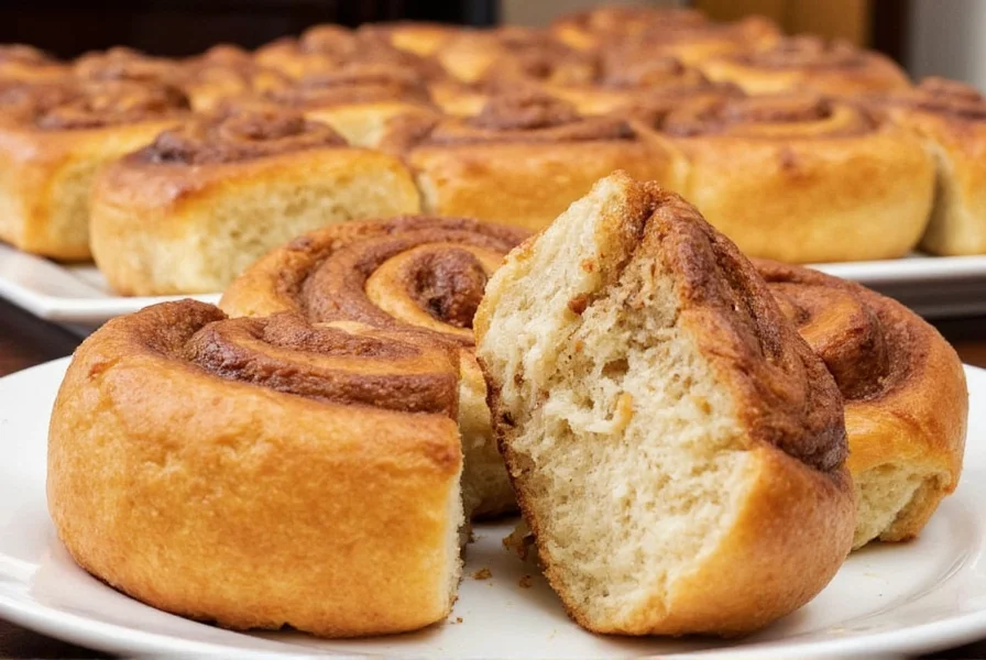Perfectly sliced cinnamon roll showing uniform spiral, golden crust, and melted glaze draping over edges