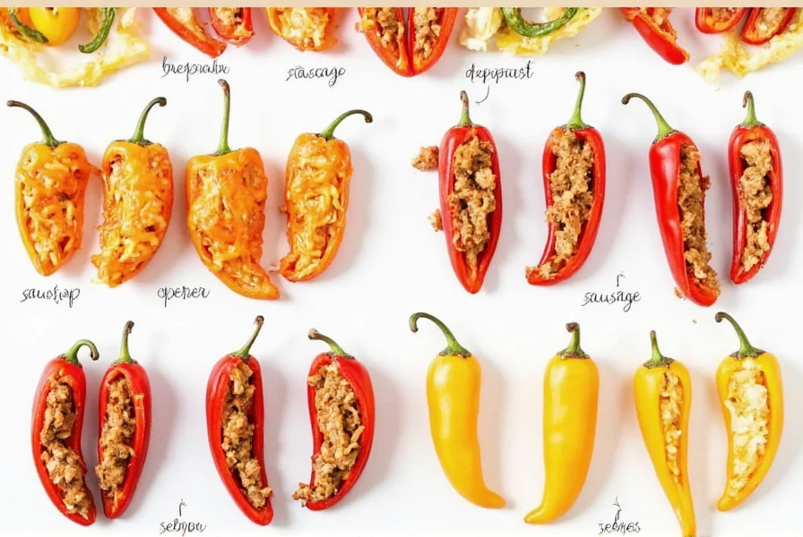 Variety of pepper poppers showing different fillings including buffalo chicken, breakfast sausage, and classic cheese versions