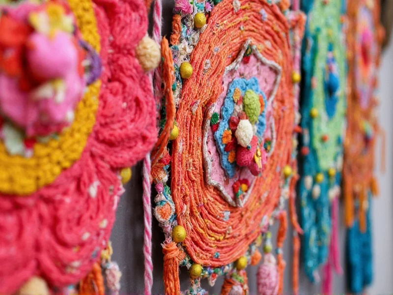 Close-up of colorful fabric scrap wall hangings at craft event
