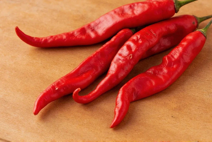 Close-up photograph of dried arbol peppers showing their slender shape and vibrant red color against a wooden cutting board