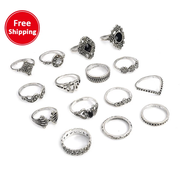 

Free shipping/dorp shipping Vintage hollow crown diamond drop lotus ring set 15 pieces, Optional