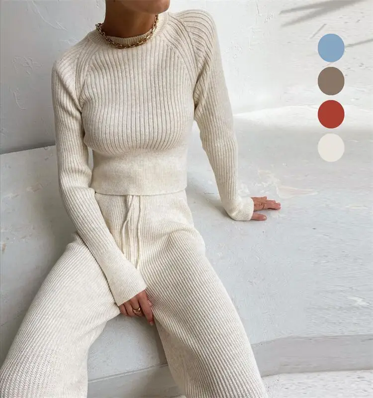 

2022 latest women solid color longsleeve ribs pattern two pieces set pants knitwear autumn winter winter sweater