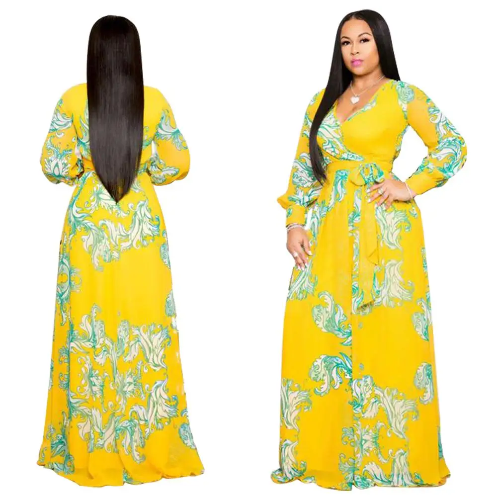 

Amazon hot sale sexy deep v neck casual floral print chiffon maxi dress with long sleeves