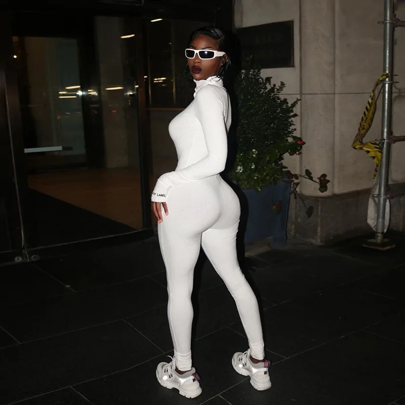 

custom logo Knitted Bodycon Jumpsuit Women Overalls zipper front Long Sleeve Skinny ribbed Womens Jumpsuit, Customized color