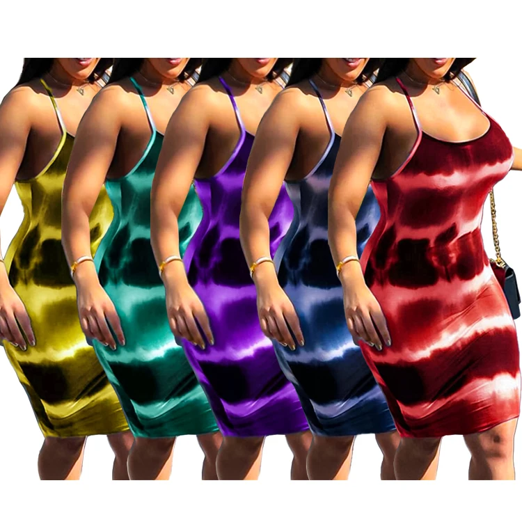 

2021 Summer Trendy Hot Selling Loose Tye Dye Printed Sleeveless Vest Tank Dress Mini Tie Dye Tshirt Dresses