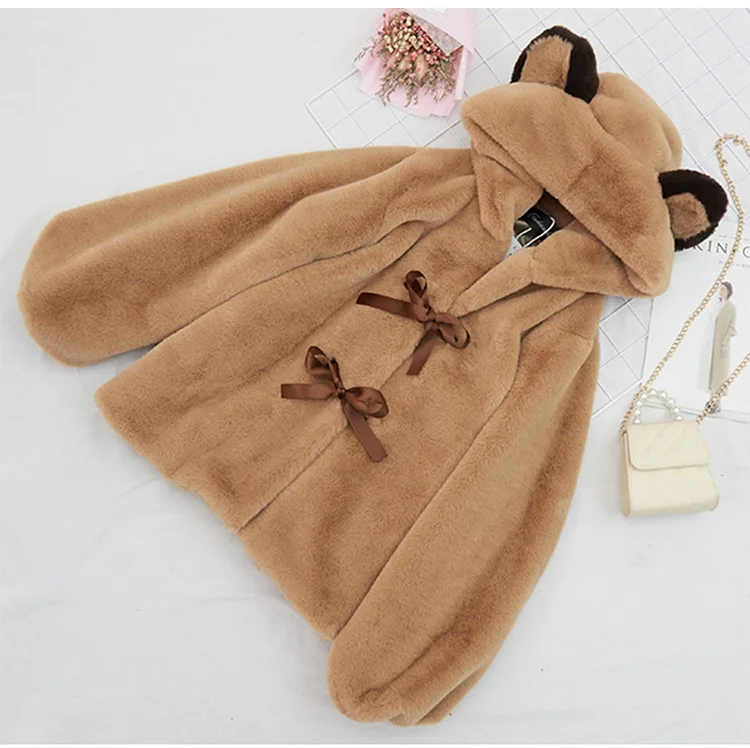 

Little bear cute female hooded fleece winter warm velvet and thicken coral fleece jacket