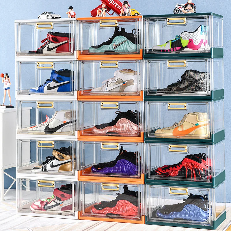 

Foldable transparent exhibit shoe storage box organizer book toy plastic shoe box clear shoe boxes, White orange yellow