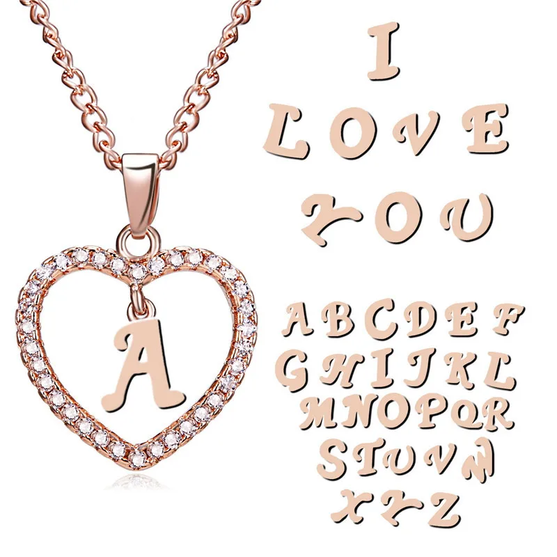 

Trending Jewelry 2021 Women Custom Fashion Necklace Jewellery Love Heart Letter 26 Alphabet Initial Chain Alloy Crystal Necklace