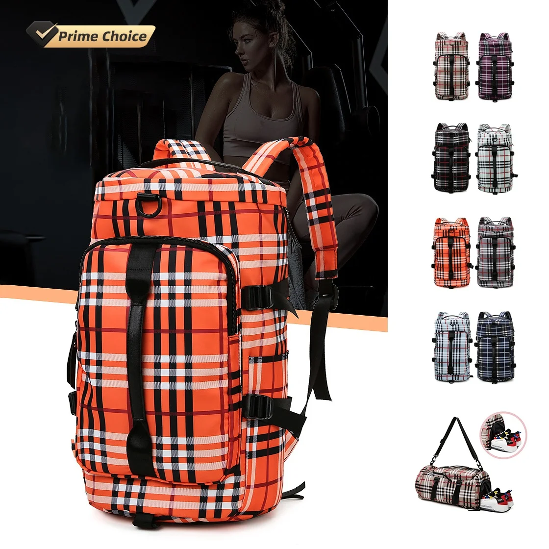 

Classic British Style Plaid Dry Wet Side Pocket Adjust Buckle Custom Logo Large Travel Backpack Gym Bag with Shoe Compartment