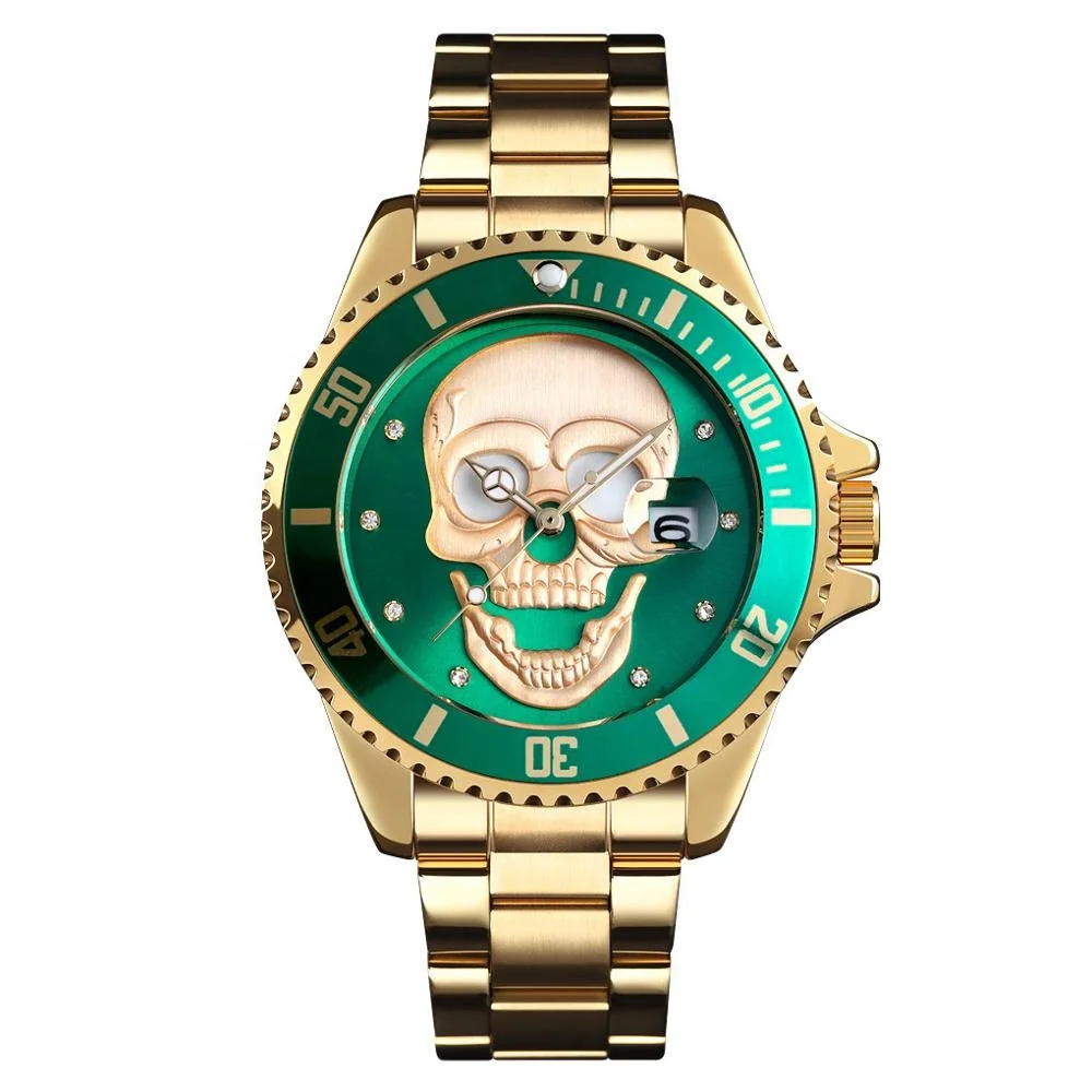 

3D Skull Design Stainless Steel Gold Mens Wrist Watches Brands, Copper