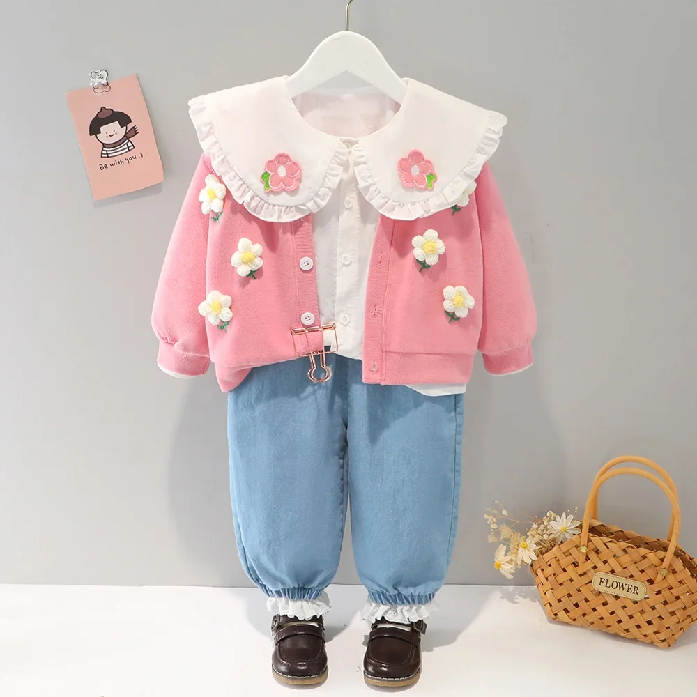 

Wholesale high quality girls clothing sets kids wear with floral pattern sweater shirt jeans Girls coats&outwears, Picture