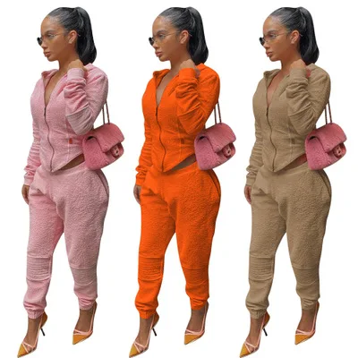 

B14755A 2020 Fall winter hot fashion fleece 2 piece hot women hoody pants set, Shown